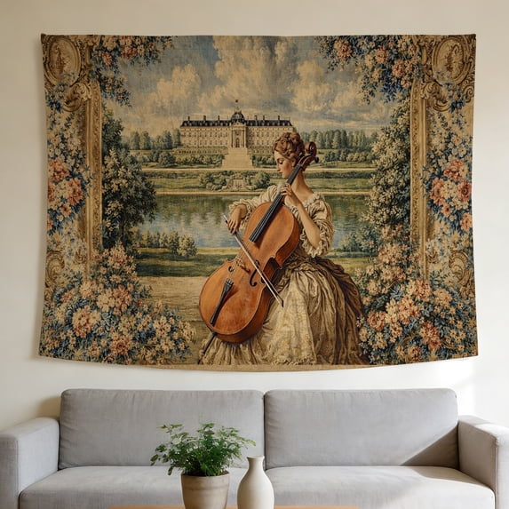 FLASHLUMI 90" x 60" Vintage Cello Lady Tapestry, European Palace Garden Wall Hanging for Bedroom Decor