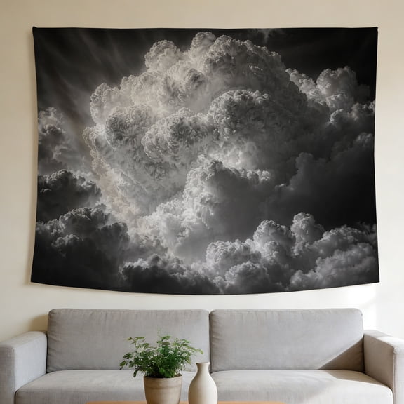 FLASHLUMI 90" x 70" Black and White Cloud Tapestry, Moody Sky Art Wall Hanging for Bedroom Decor