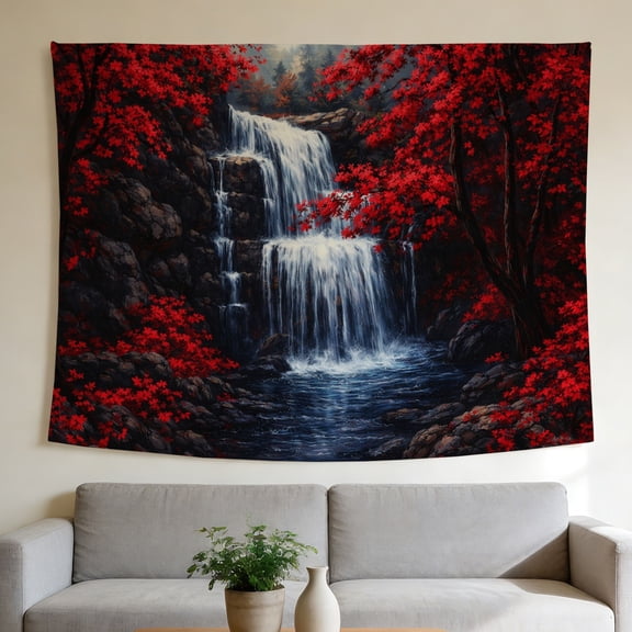 FLASHLUMI 90" x 70" Red Maple Waterfall Tapestry, Autumn Forest Nature Wall Hanging for Bedroom Decor