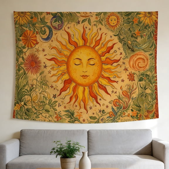 FLASHLUMI 90"x70" Vintage Sun Tapestry, Celestial Floral Wall Hanging, Boho Mystic Sun and Moon Wall Art for Bedroom Living Room Dorm Home Decor