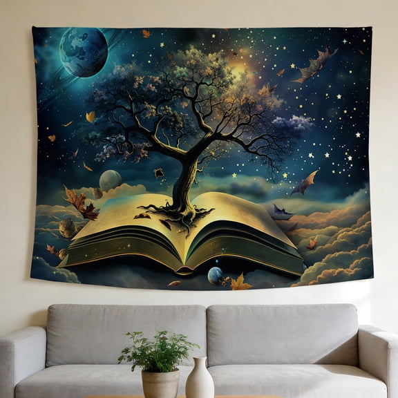 FLASHLUMI Magic Book Tree Tapestry 90"×60" Fantasy Galaxy Wall Hanging for Bedroom Living Room Dorm Aesthetic Decor