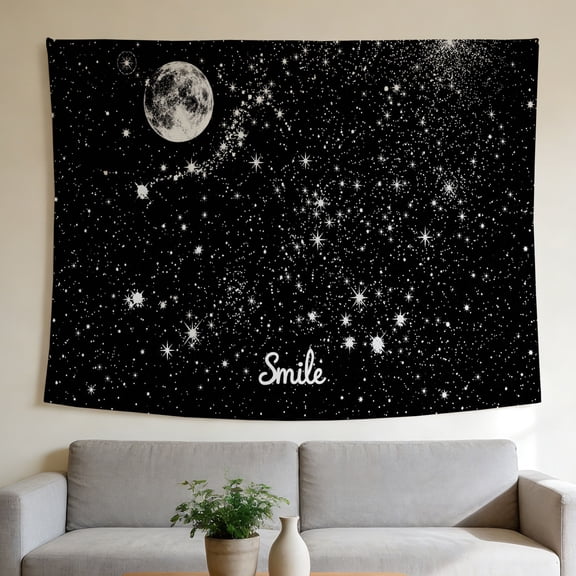FLASHLUMI Moon Star Tapestry 40"×30" Black Galaxy Wall Hanging with "Smile" for Bedroom Living Room Dorm Decor