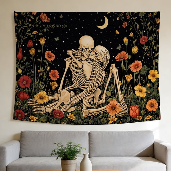 FLASHLUMI Skeleton Lovers Tapestry 60"×50" Floral Moon Star Wall Hanging for Bedroom Living Room Dorm Aesthetic Decor