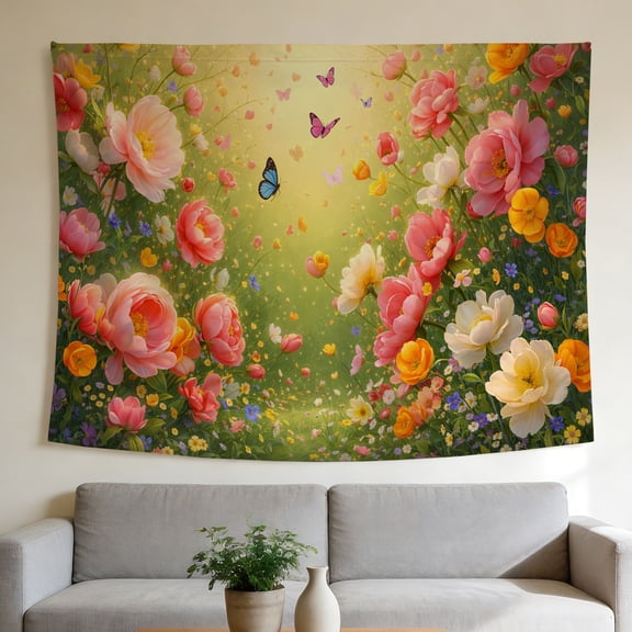 FLASHLUMI Spring Garden Tapestry 80"x60", Pastel Floral Butterfly Wall Hanging, Aesthetic Decor for Bedroom Living Room Dorm