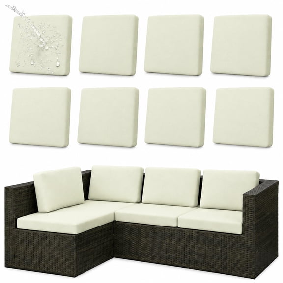 FLASHLUMI Waterproof Outdoor Patio Sofa Cushion Covers, Elastic Washable Reusable Slipcovers, Pet Hair & Mess and Kid Mess Protector (8 Packs, Beige)