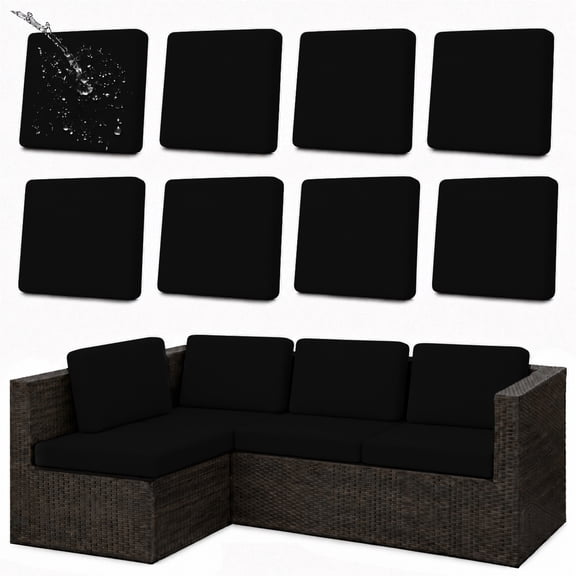 FLASHLUMI Waterproof Outdoor Patio Sofa Cushion Covers, Elastic Washable Reusable Slipcovers, Pet Hair & Mess and Kid Mess Protector (8 Packs, Black)