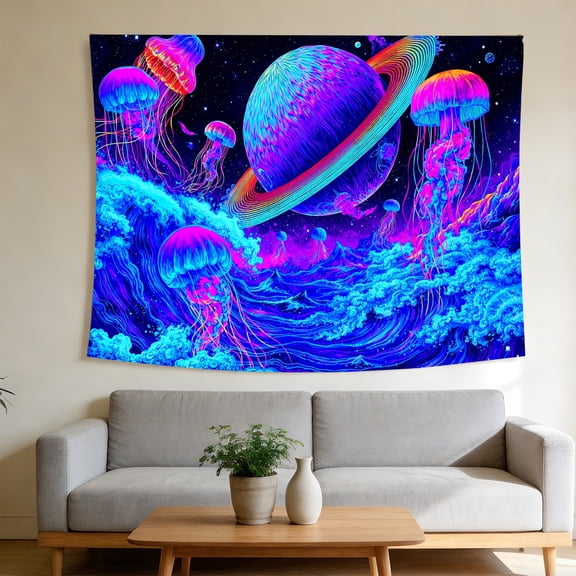 FLASHLUMI UV Reactive Blacklight Tapestry, 80x60in Glow in the Dark Wall Hanging Tapestries for Bedroom Living Room Dorm Decor