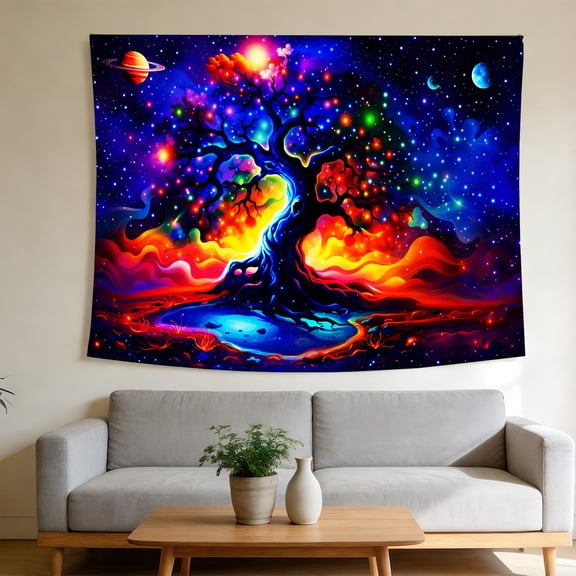 FLASHLUMI UV Reactive Blacklight Tapestry, 90x60in Glow in the Dark Wall Hanging Tapestries for Bedroom Living Room Dorm Decor