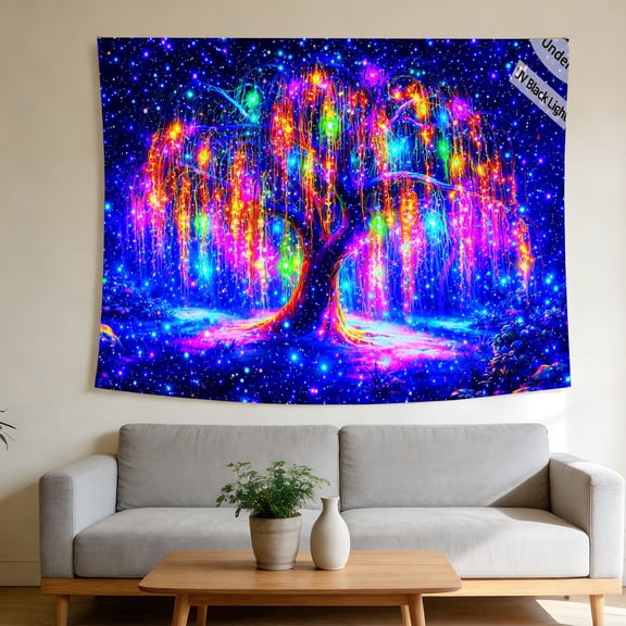 FLASHLUMI UV Reactive Blacklight Tapestry, 90x70in Glow in the Dark Wall Hanging Tapestries for Bedroom Living Room Dorm Decor