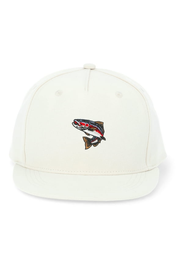 Boys Flat Bill Snap Back Hat with Embroidered Fish Motif, One Size Fits Most