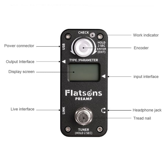 FLATSONS Multifunctional Guitar Preamp Effect Pedal Processor in Black, Universal Portable Delay and Reverberation Tuner Mode Accessory for Bass and Stringed Instruments