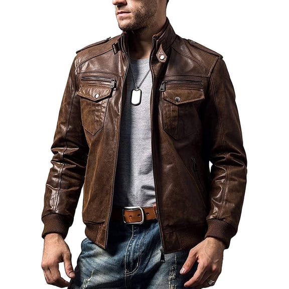 FLAVOR Men Biker retro Brown Leather Motorcycle Jacket Genuine Leather jacket (Medium, Brown)