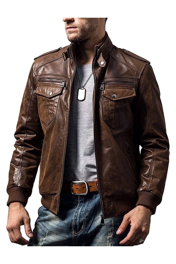 Men Biker retro Brown Leather Motorcycle Jacket Genuine Leather jacket (X-Large, Brown)