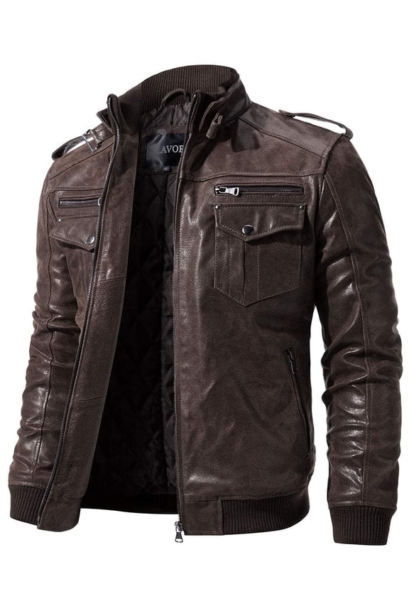 Men Biker retro Brown Leather Motorcycle Jacket Genuine Leather jacket (X-Large, Dark Brown)