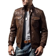 FLAVOR Men Biker retro Brown Leather Motorcycle Jacket Genuine Leather jacket XX-Large, Brown