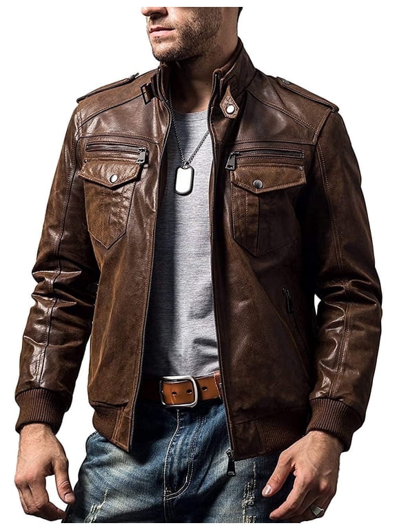 Men Biker retro Brown Leather Motorcycle Jacket Genuine Leather jacket (XX-Large, Brown)
