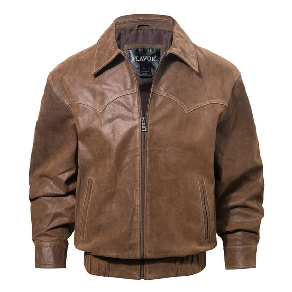 FLAVOR Men Genuine Leather Bomber Jacket Casual Fall Winter Jacket Brown (Medium, Brown)