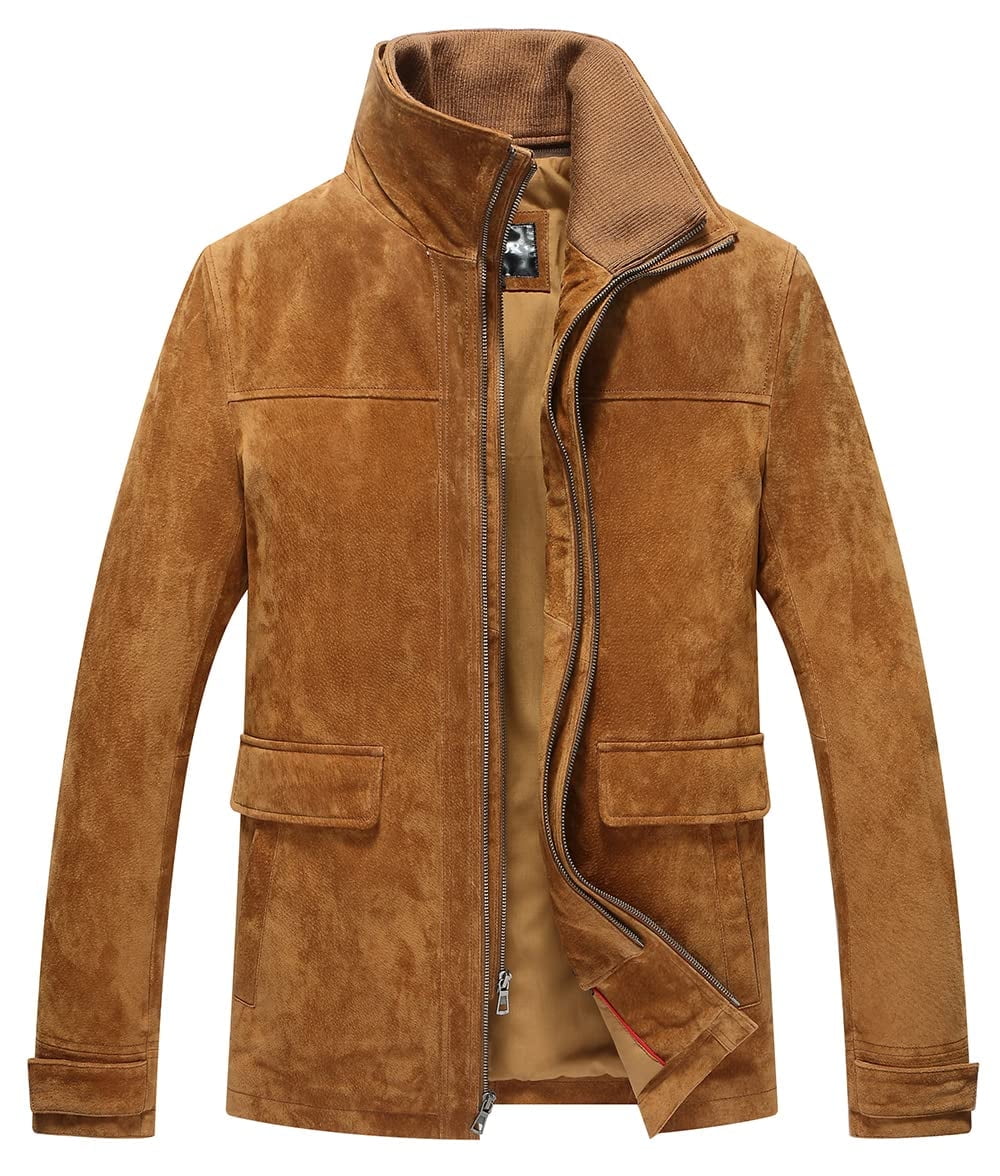 FLAVOR Men's Classic Leather Jacket Suede Winter Coat with Removable Collar (3X-Large, Brown)