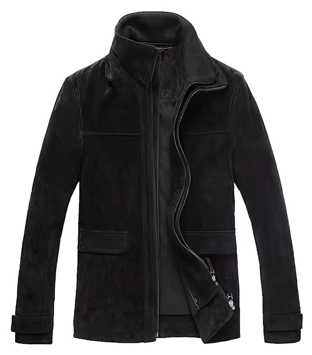 FLAVOR Men's Classic Leather Jacket Suede Winter Coat with Removable Collar (Large, Black)
