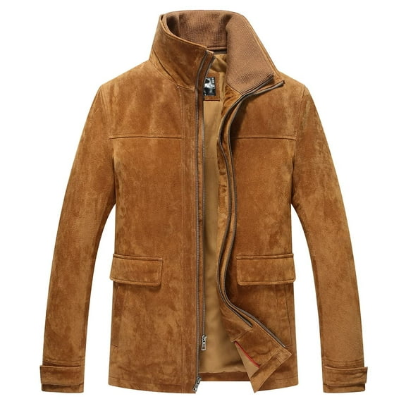 FLAVOR Men's Classic Leather Jacket Suede Winter Coat with Removable Collar (Medium, Brown)