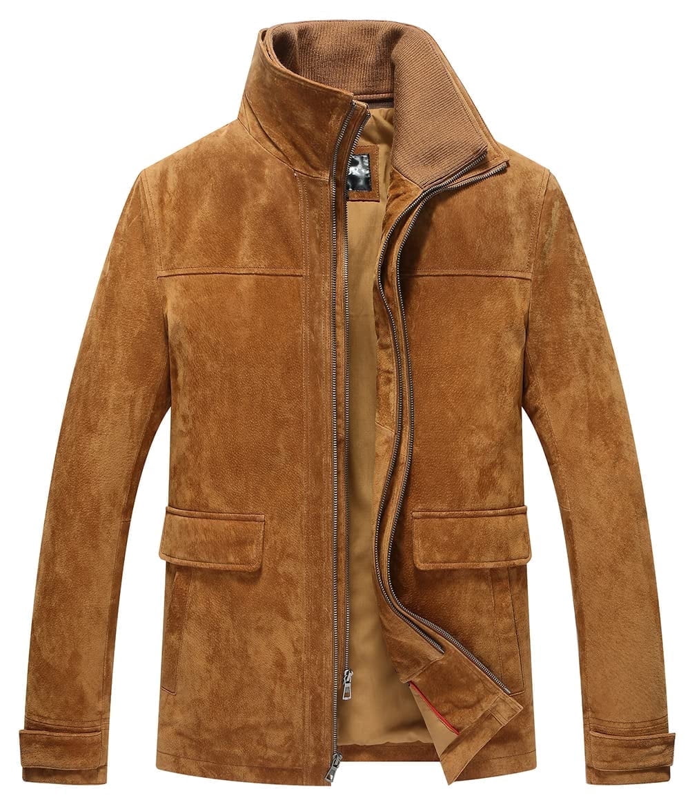 FLAVOR Men's Classic Leather Jacket Suede Winter Coat with Removable Collar (XX-Large, Brown)