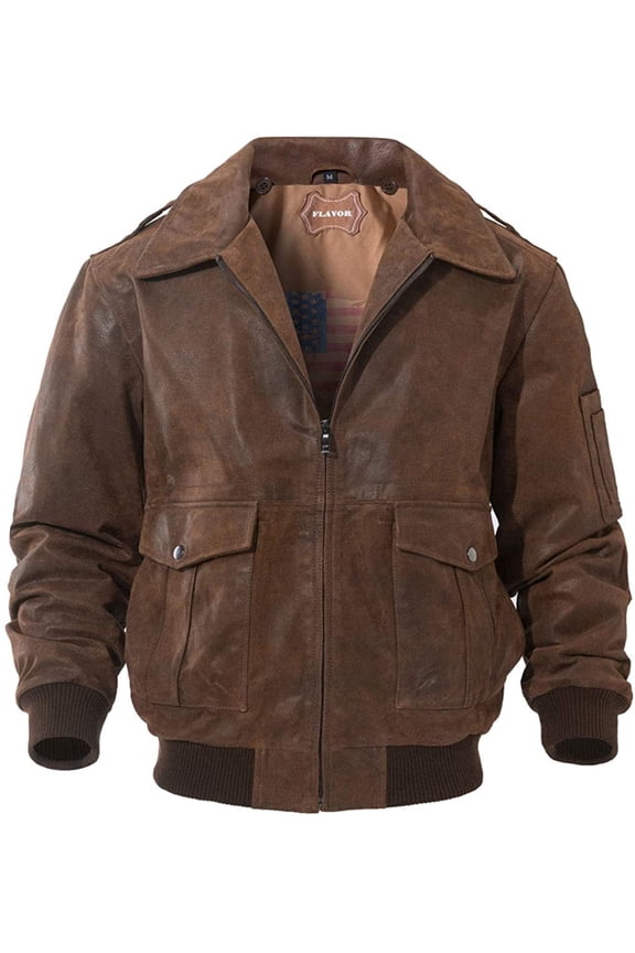 Men's Leather Bomber Jacket Brown Air Force Aviator (L, Brown)