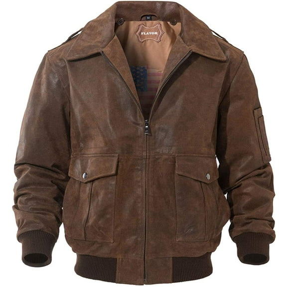 FLAVOR Men's Leather Bomber Jacket Brown Air Force Aviator (S, Brown)
