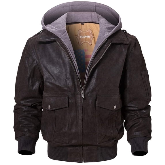 FLAVOR Men's Leather Flight Bomber Jacket Air Force Aviator (Large, Dark Brown Hood)