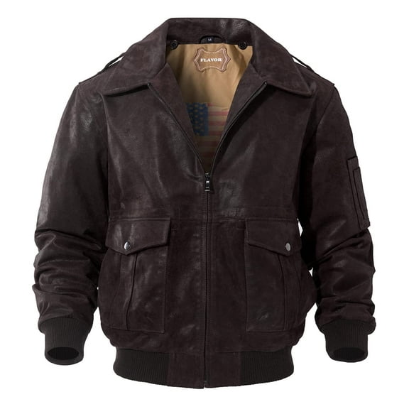 FLAVOR Men's Leather Flight Bomber Jacket Air Force Aviator (Large, Dark Brown)