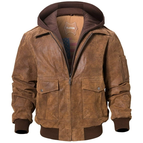 FLAVOR Men's Leather Flight Bomber Jacket Air Force Aviator (Medium, Brown with Hood)