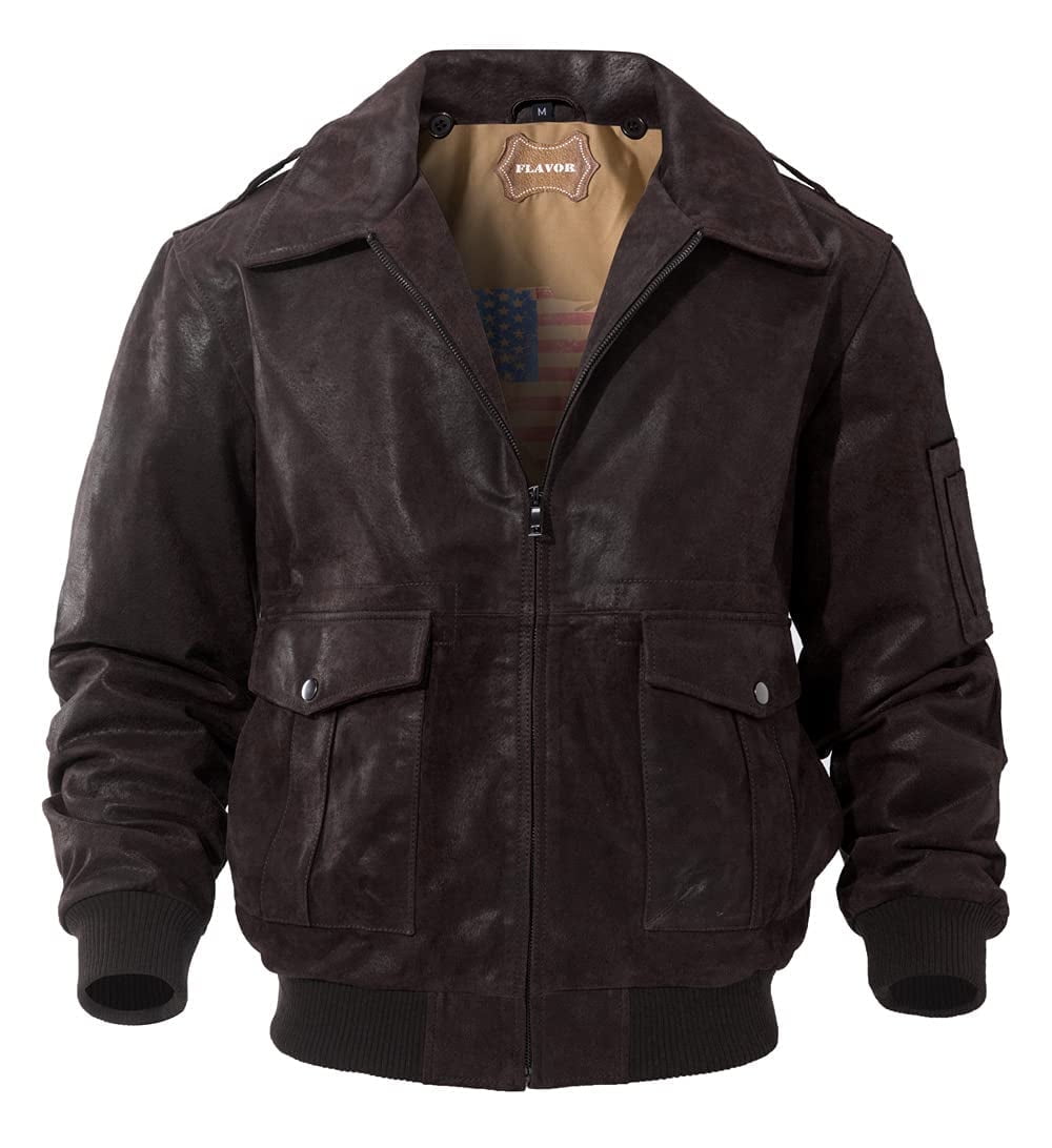 FLAVOR Men's Leather Flight Bomber Jacket Air Force Aviator (Small, Dark Brown)