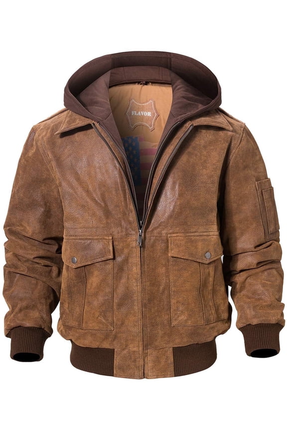 Men's Leather Flight Bomber Jacket Air Force Aviator (XX-Large, Brown with Hood)