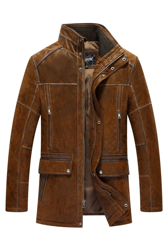 Men's Leather Jacket (Pigskin Leather)Vintage Standing Collar Brown Winter Coat (X-Large, Brown)