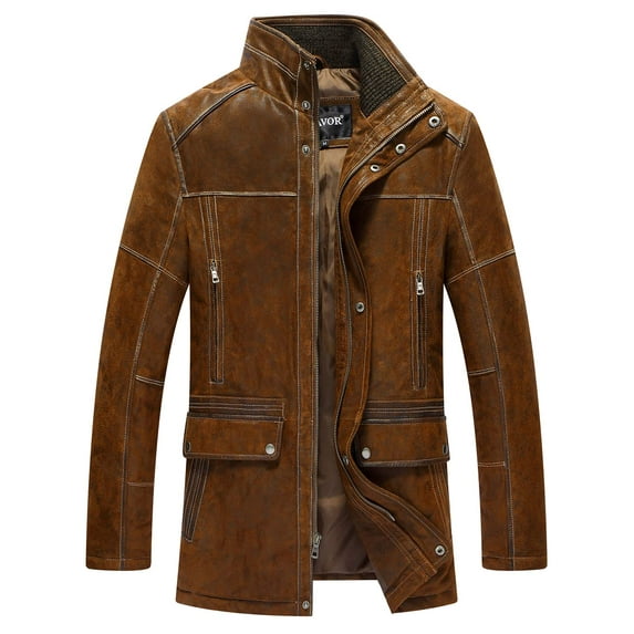 FLAVOR Men's Leather Jacket (Pigskin Leather)Vintage Standing Collar Brown Winter Coat (X-Large, Brown)