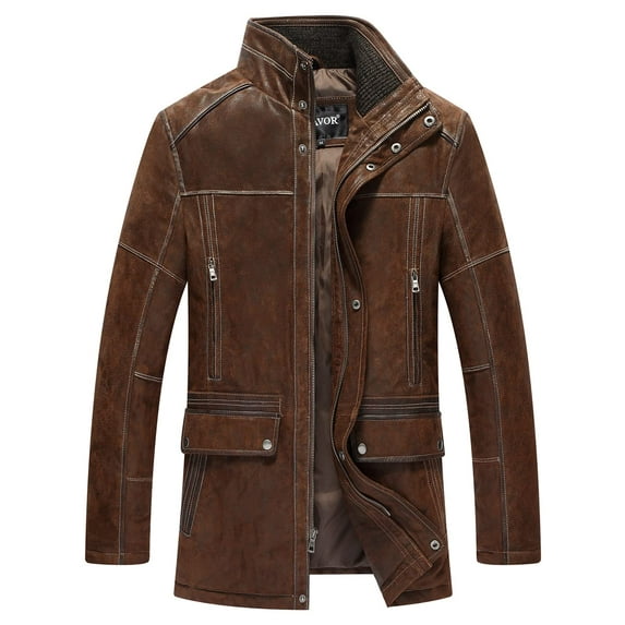 FLAVOR Men's Leather Jacket Vintage Standing Collar Brown Winter Coat (X-Large, Dark Brown)