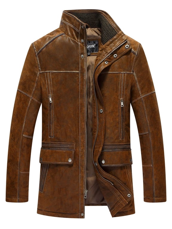 Men's Leather Jacket Vintage Standing Collar Brown Winter Coat (XX-Large, Brown)