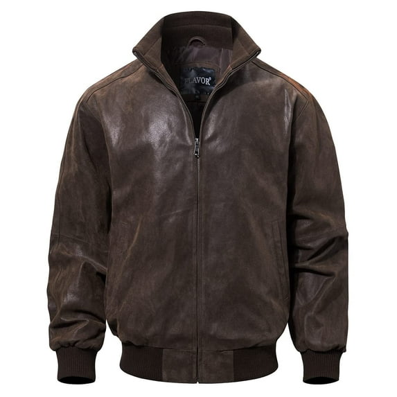 FLAVOR Men's Real Leather Bomber Casual Jacket (Large, Dark Brown)
