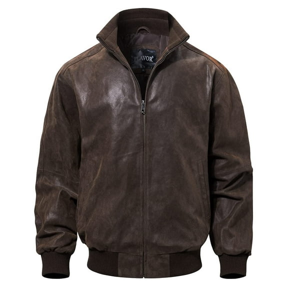 FLAVOR Men's Real Leather Bomber Casual Jacket (Large, Dark Brown)