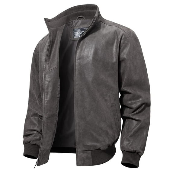 FLAVOR Men's Real Leather Bomber Casual Jacket (Medium, Gray)