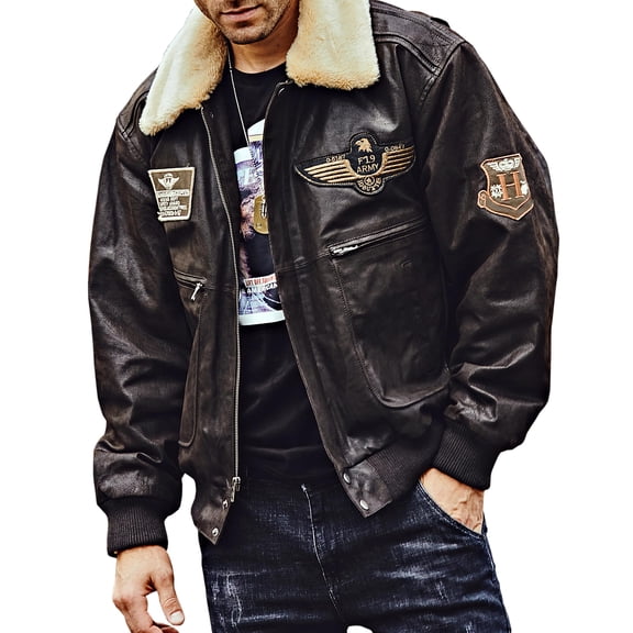 FLAVOR Men's Real Leather Bomber Jacket with Removable Collar Aviator (2XL, Dark Brown)