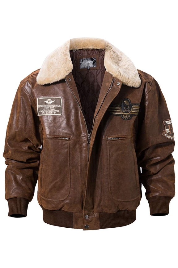 Men's Real Leather Bomber Jacket with Removable Collar Aviator (L, Brown)