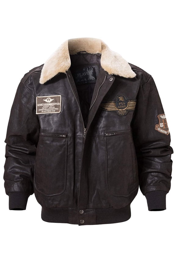 Men's Real Leather Bomber Jacket with Removable Collar Aviator (M, Dark Brown)