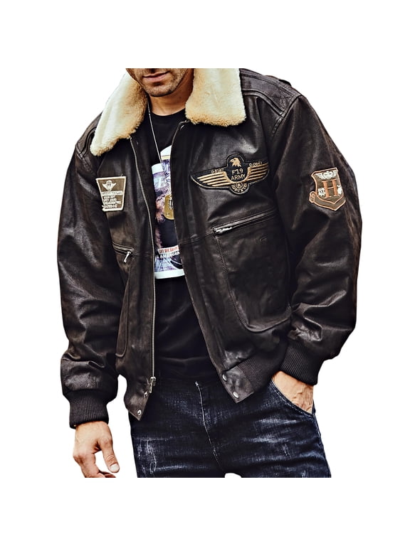 Men's Real Leather Bomber Jacket with Removable Collar Aviator (M, Dark Brown)
