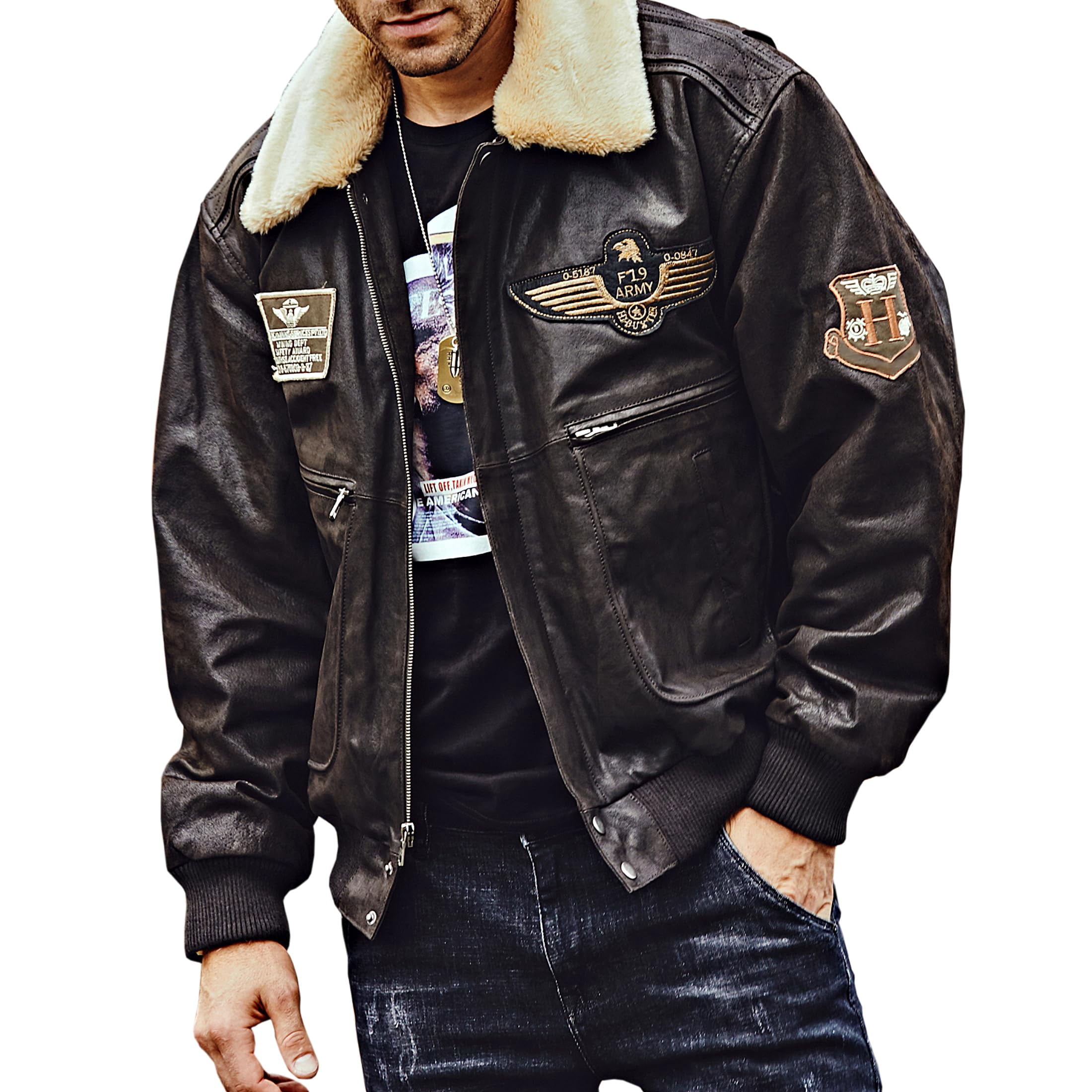 FLAVOR Men's Real Leather Bomber Jacket with Removable Collar Aviator (S, Dark Brown)