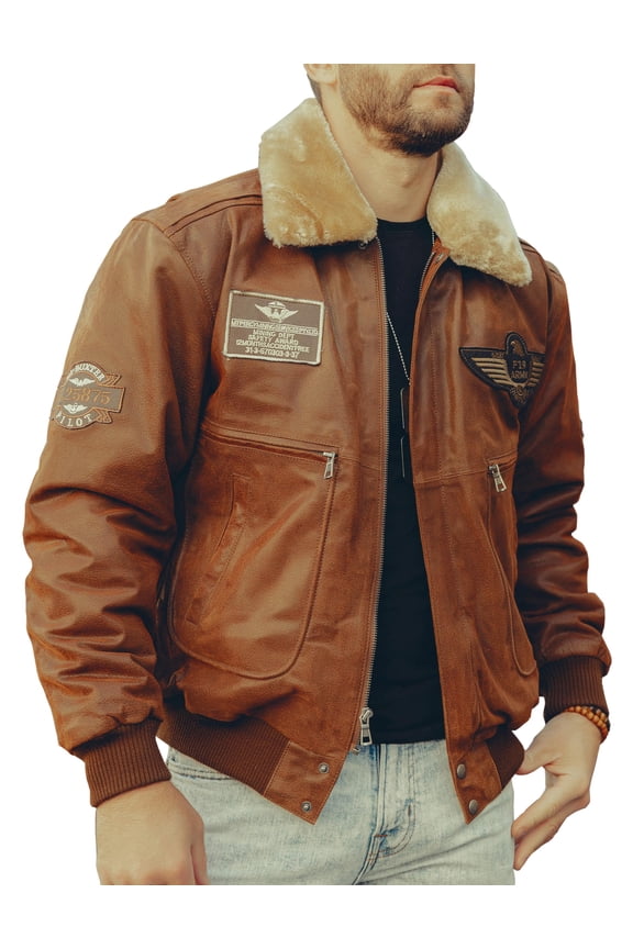 Men's Real Leather Bomber Jacket with Removable Collar Aviator (XL, Brown)
