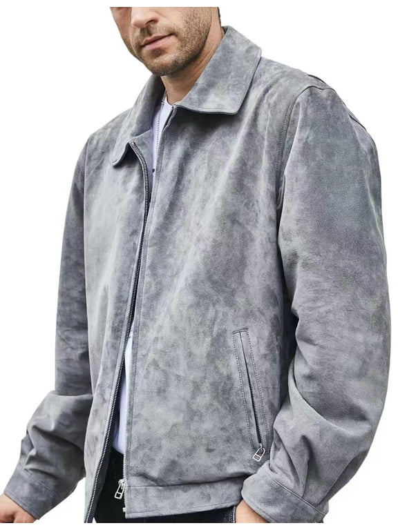 Men's Suede Leather Bomber Jacket Casual Coat for Men (Large, Gray)