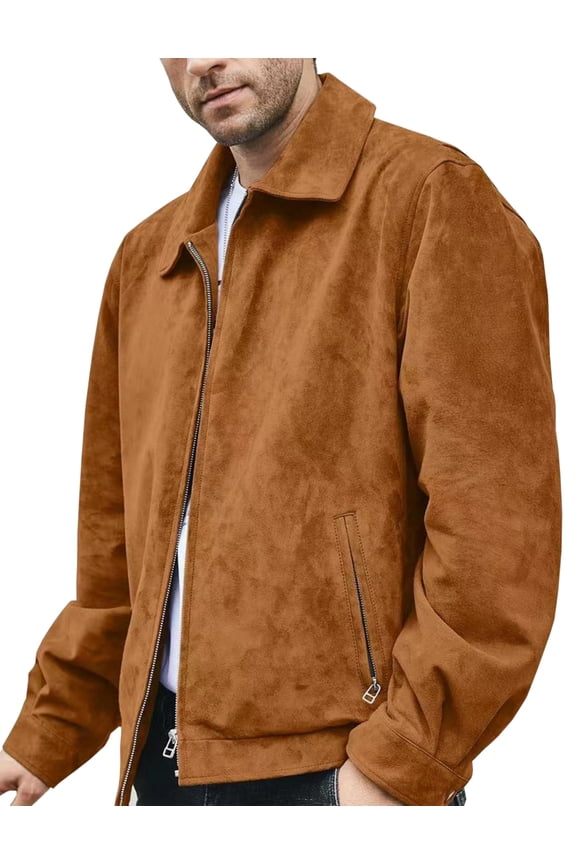Men's Suede Leather Bomber Jacket Casual Coat for Men (Medium, Brown)
