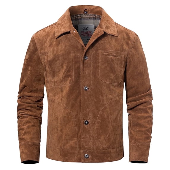 FLAVOR Men's Suede Leather Jacket Trucker Coat (Small, Brown)