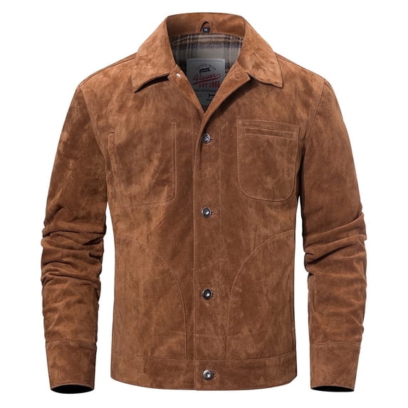 FLAVOR Men's Suede Leather Jacket Trucker Coat (X-Large, Brown)