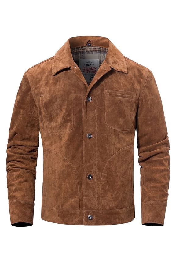 Men's Suede Leather Jacket Trucker Coat (XX-Large, Brown)
